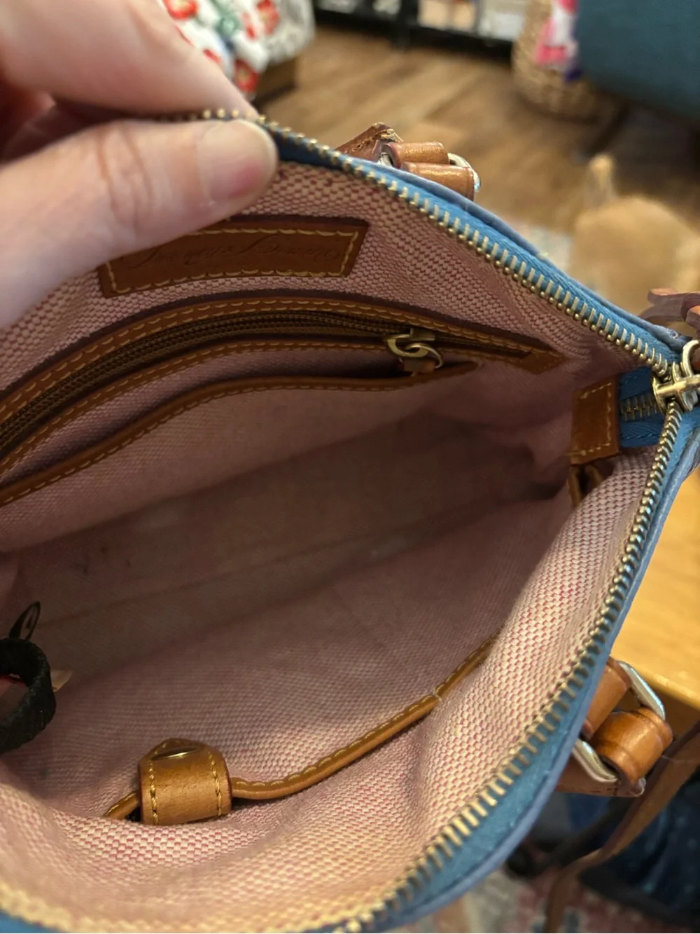 Dooney & Bourke Blue Pebbled Satchel with Tan Trim